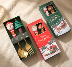 Set di posate natalizie cucchiaio e forchetta con manici in silicone e scatola regalo