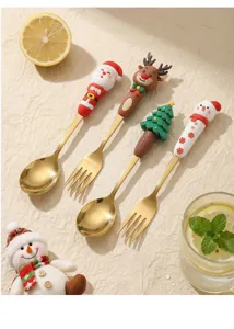 Set di cucchiai e forchette da dessert di Natale in acciaio inossidabile con Babbo Natale.