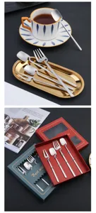 Ensemble de cuillères et fourchettes en acier inoxydable brossé pour tasses et desserts.