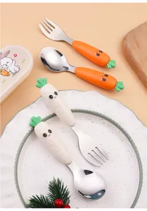Ensemble fourchette cuillère pour enfants en acier inoxydable avec joli manche carotte