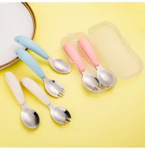 Set de fourchette et cuillère pour enfants en acier inoxydable avec boîte de rangement.