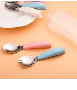 Set couverts bébé inox joli dauphin cuillère fourchette boîte de rangement portable