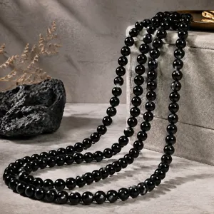Natural black obsidian round bead chain necklace DIY jewelry accessories semi-finished product