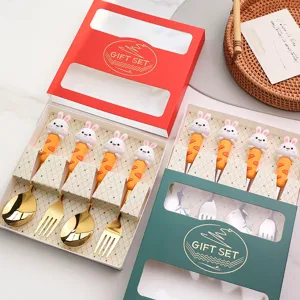 Set regalo cucchiaio e forchetta in acciaio inox con coniglio, posate da dessert.