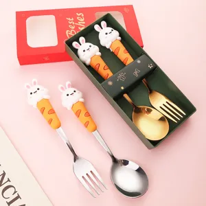 Set di cucchiaio e forchetta in acciaio inossidabile con coniglio cartone animato carino.