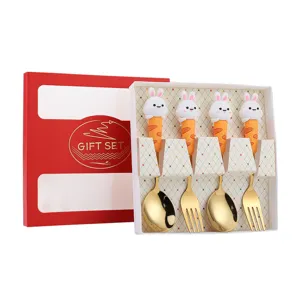 Set di cucchiai forchette in acciaio inossidabile con coniglio carino e scatola regalo.