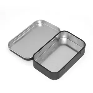 Metal tin box detail view, black exterior and silver interior open flip design for small items.