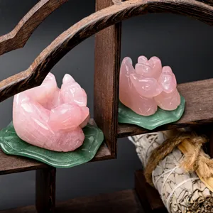 Natural rose quartz mandarin duck crystal carving ornament for wedding gifts and home decor.