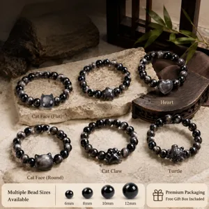 Natural Silver Sheen Obsidian Beaded Bracelet Heart Cat Paw Star Shape Elastic Hand String Jewelry For Women Men Gift