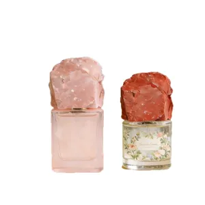 Natural crystal rough stone perfume bottle cap, luxury refillable glass aromatherapy jar.