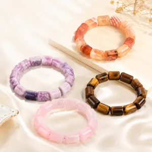 Natural Crystal Stone Cylindrical Bead Bracelet Rose Quartz Tigers Eye Minimalist Elastic Hand Chain For Women Jewelry Gift