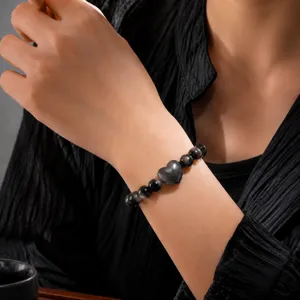 Natural silver obsidian heart beaded bracelet single layer crystal fashion jewelry for women.