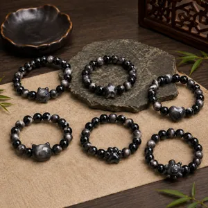 Natural silver obsidian bead charm bracelet with cute animal and heart designs for women fashion wholesale.