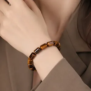 Natural Tiger's Eye Cylindrical Bead Bracelet Minimalist Stretch Crystal Wrist Jewelry