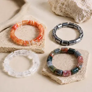 Natural crystal cylindrical bead bracelet set, minimalist elastic gemstone stretch jewelry view.