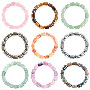 Natural crystal cylindrical gemstone bead bracelets set, elastic healing stone jewelry for women.