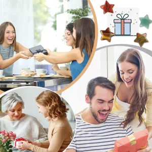 Detailed view of 3cm crystal star gemstone pocket stones shown in various gifting lifestyle scenes.