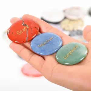 Natural crystal oval worry stones with engraved positive words, healing palm stones.