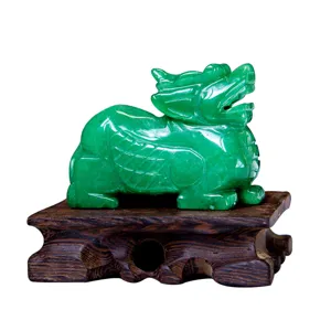 Green Aventurine Jade Pixiu Ornament Figurine with Wood Base for Home Office Decor Gift