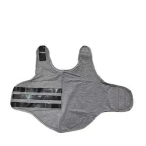 Grey dog anxiety vest detail showing the fabric texture and adjustable strap features.