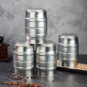 Silver tinplate storage canister set, retro barrel shaped sealed container for coffee beans tea