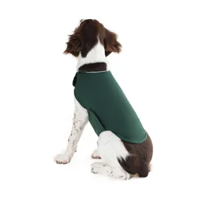 Dog calming vest anxiety relief coat adjustable dark green pet apparel with reflective safety strips.
