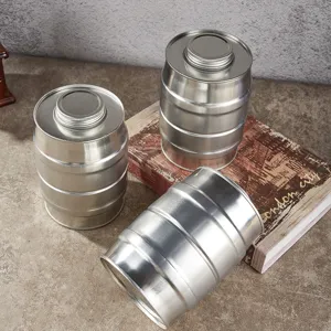 Silver barrel shaped sealed tin jar storage container with screw lid for coffee beans and dry food