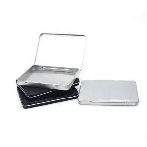 Flat hinged metal storage tin box for cards, photos, jewelry and small items, silver and black.