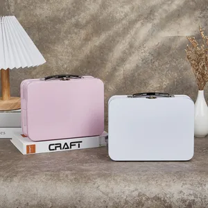 Detailansicht tragbarer Metallaufbewahrungsdosen mit Griff in Rosa und Weiß, ideal.