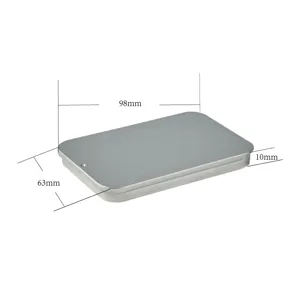 Portable silver metal sliding tin box detail view, compact pocket storage container for small items.