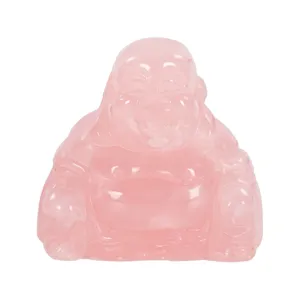 Natural pink crystal laughing Buddha figurine, hand carved Maitreya gemstone statue for home decor.