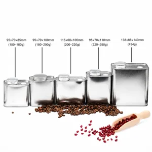 Set of 5 rectangular metal coffee bean storage tins with airtight screw caps in various sizes.