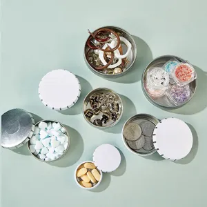 Round small metal tin boxes set, portable press-open storage containers for pills, mints, and small items.