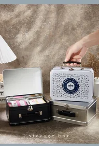Portable metal storage box with clasp handle, ideal for lunch, toys and small items organization.