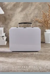 Detailed view of white metal storage tin box showing sturdy handle and secure locking clasp.
