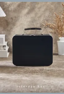 Portable metal storage box black tin box with secure lock and handle for desktop organization