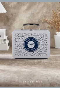 Metal storage box lunch box tinplate decorative case with handle and secure lock mechanism.