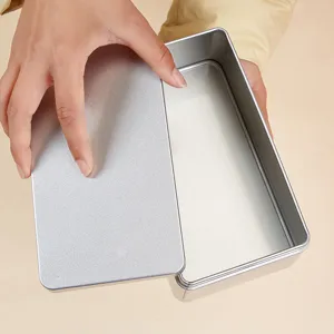 Rechteckige silberne Metall-Aufbewahrungsdose mit Deckel, offene Ansicht des Innenraums.