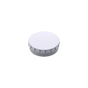 Round mini metal tin box detail view, empty storage container for mints, candy, and lip balm.