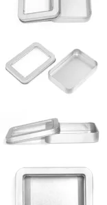 Silver rectangular metal tin box with clear window detail, perfect for small gift storage.