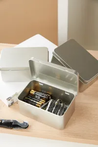 Nahaufnahme der silbernen Blechdose mit glatter Metalloberflaeche und Klappdeckel Design.