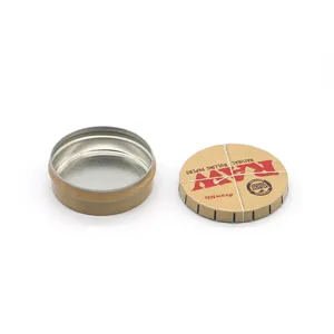 Mini round metal storage tin box with RAW branded paper lid for small items storage