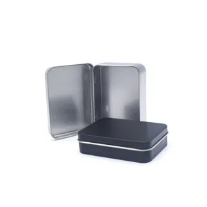 Boîte de rangement en fer blanc métallique avec couvercle à charnière pour petits objets.