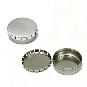 Mini round metal tin box detail view showing open and closed storage container design.