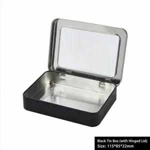 Black metal tin box with clear window and hinged lid for small items storage 115x85mm