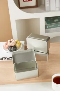 Silberne Metalldose mit Klappdeckel für Snacks, Tee und Werkzeuge im Detail gezeigt.