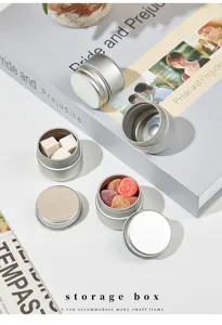 Mini boîte de rangement ronde en métal portable avec couvercle à vis pour divers petits objets.