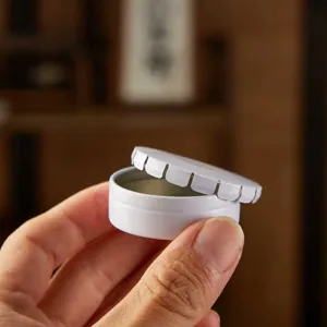 Mini round white metal tin box for mints, lip balm, and small items storage container.