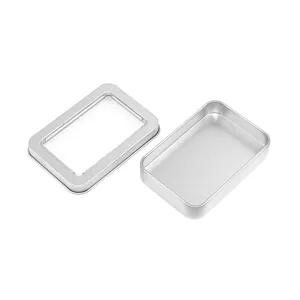 Silver metal tin box with clear window lid for USB drive and card gift packaging.