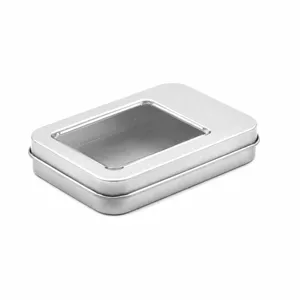 Piccola scatola di latta metallica rettangolare trasparente, 88x60x16mm, ideale per custodire.